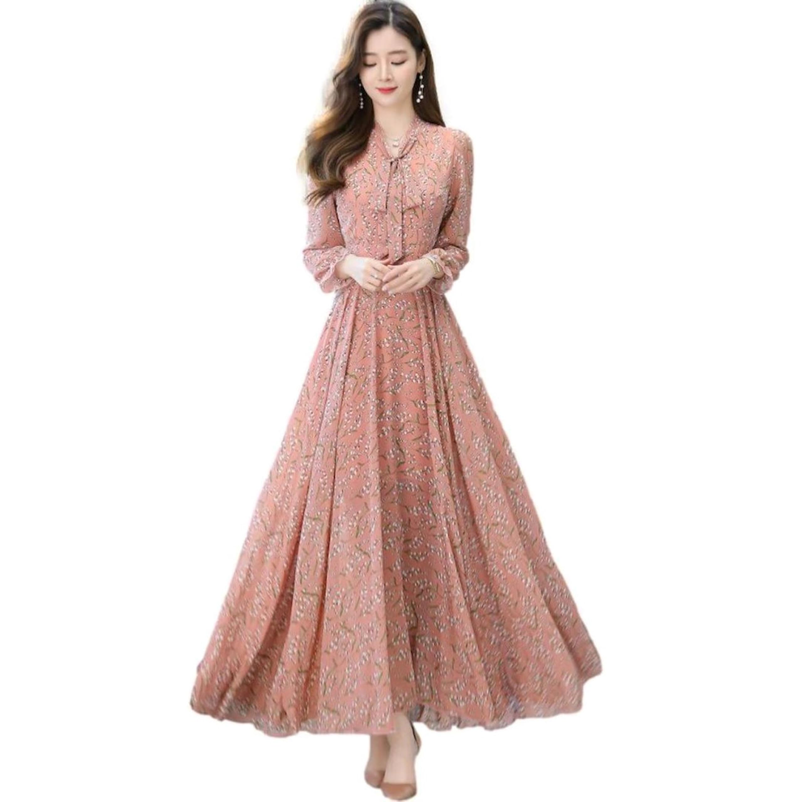 

Женское длинное шифоновое платье J-Scott с мелким цветочным принтом, рукавами-буфами, завязкой-бантом, высокой талией, А-силуэта, розовое, JS08-PK-L