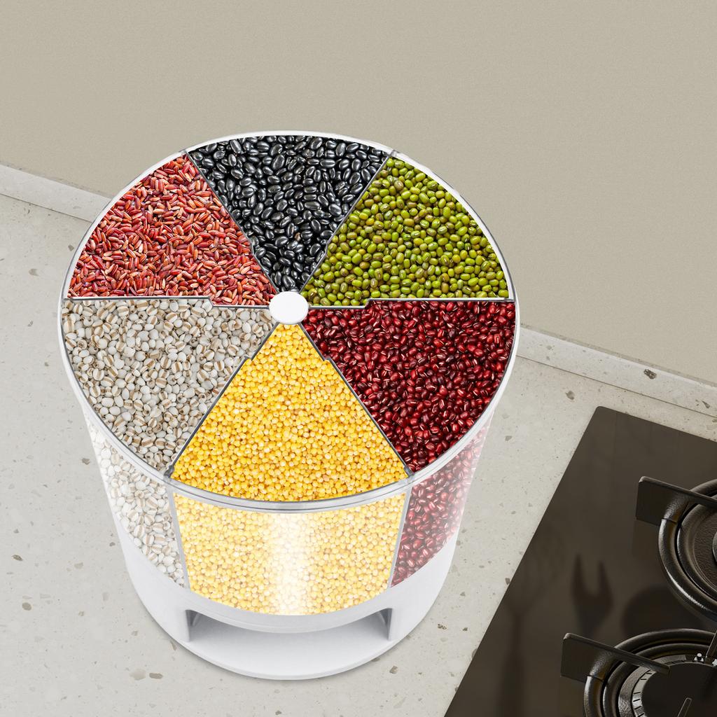 360° Rotating Grain Dispenser for Rice, Beans, Seeds – 11KG Large Capacity White Kitchen Storage Container with Measuring Cup