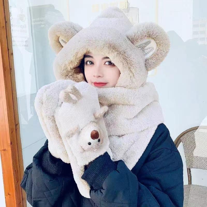 Bear hat, scarf, and gloves, fleece-lined and thickened, three-piece set, women's plush hat, women's winter warm plush hat