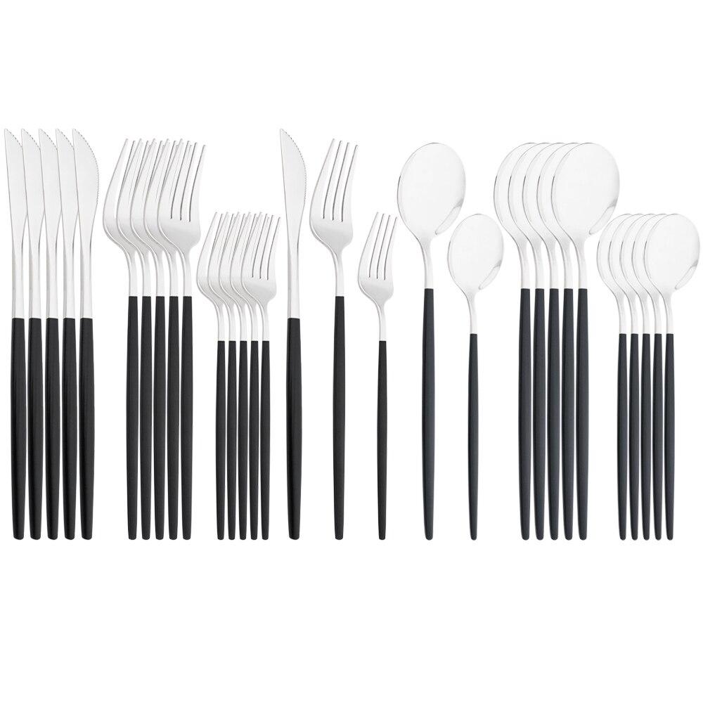Mirror Dinnerware Set Stainless Steel 30Pcs Black Gold Tableware Knife Fork Spoon Dinner Set Cutlery Spoon Dessert Flatware Set