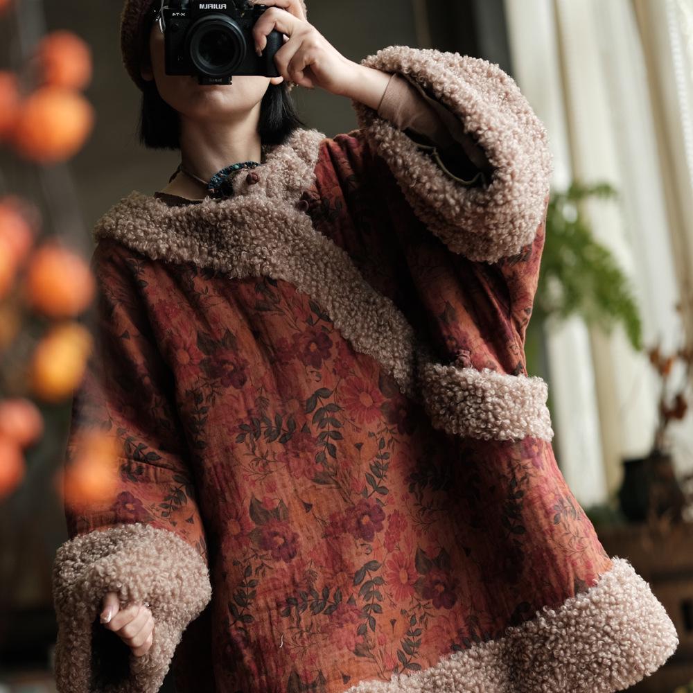 

Women s Retro Lambswool Cotton Jacket - Loose Fit Winter Coat for a High-End Look One Size