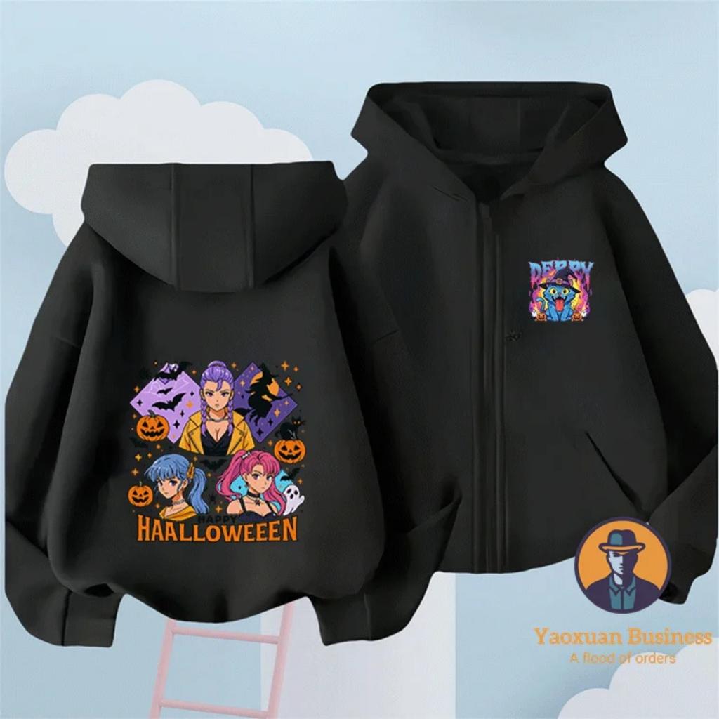 Halloween Style KPop Devil Hunter Girl Children's Zipper Hoodie Cute Cartoon Print Warm Windproof Autumn and Winter Fashion Clothing