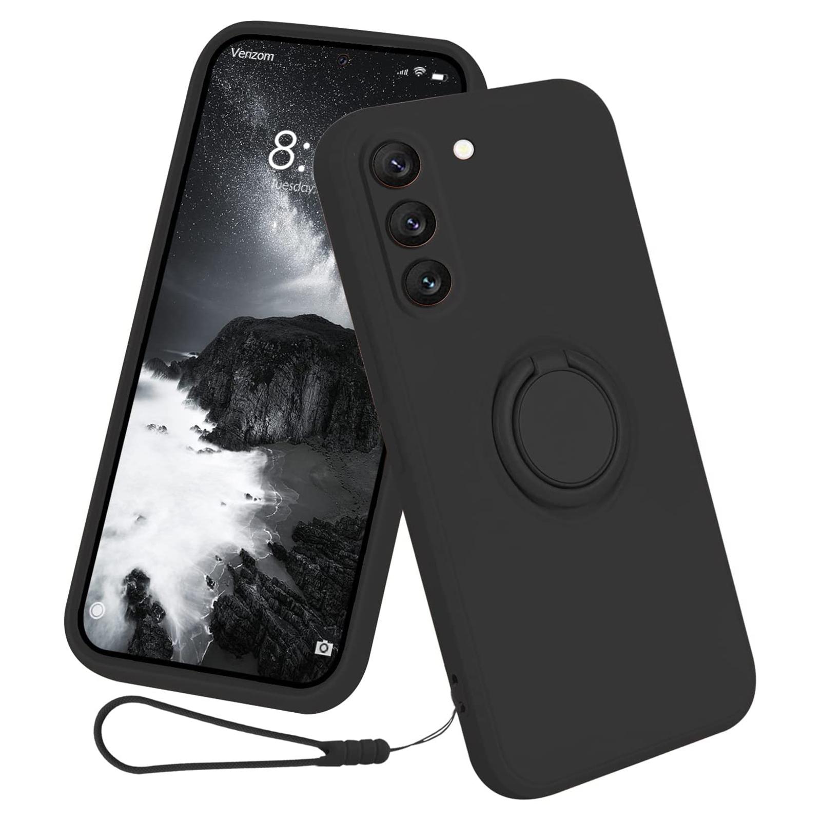 

Liquid Silicone Phone Case for Samsung Galaxy S23 Ring Kickstand Phone Back Cover with Lanyard Black