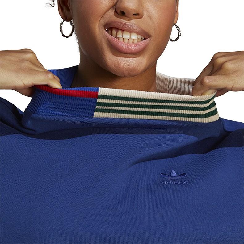 Adidas Originals Trefoil Logo Embroidered Stripe Stand-Up Collar Pullover Sweatshirt Women Tops Blue IC5238