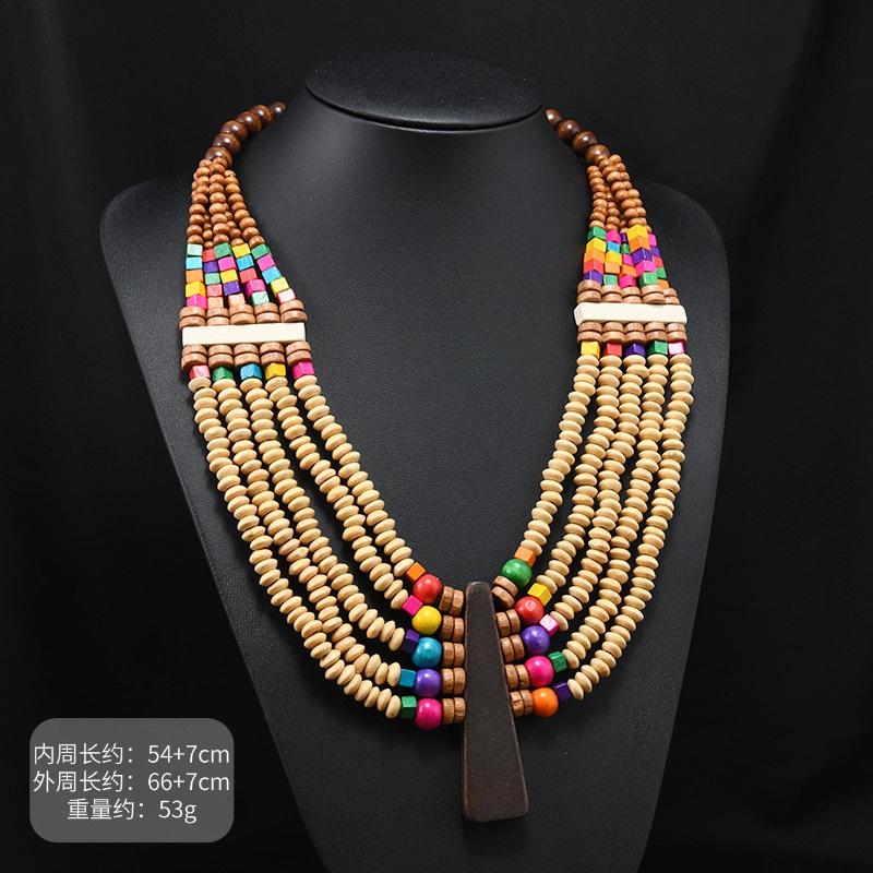 Vintage Wood Bead Necklace Bundle, Turquoise & Stone Pendant Boho Jewelry for Women,Handmade Exaggerated Bohemian Wooden Bead Necklace