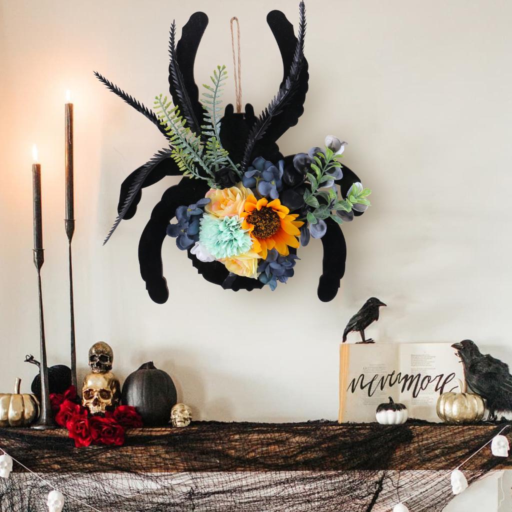 1pc Spider Wooden Sign Door Hanging Halloween Decoration Simulation Flower Wreath Hanging Sign Rattan Ring WindowWall Hanging