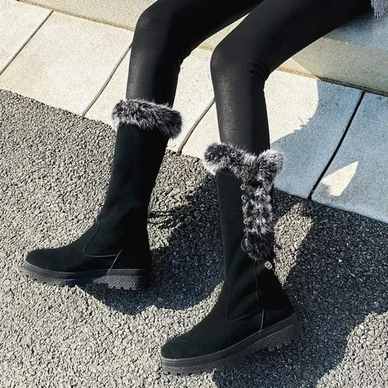Mid Calf Shoes for Women Elegant With Low Heels Black Anti Skid Hot Quality Womens Half High Snow Boots on Slip Spring 2025 Lamb
