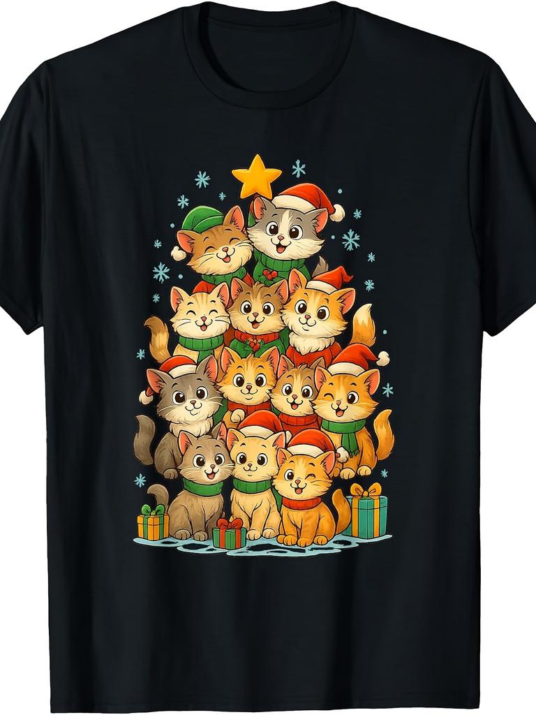Cute Christmas Cat Tree, for Men And Women T-Shirt, Funny Holiday Kitten Pyramid Design, Winter Xmas Gift Party Wear