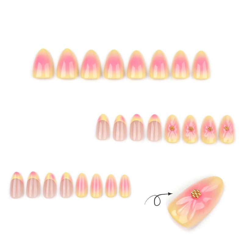 Long Wear French Artificial Nail 3D Flower Detail Yellow Coral Blend Easy Application Durability ABS Materials