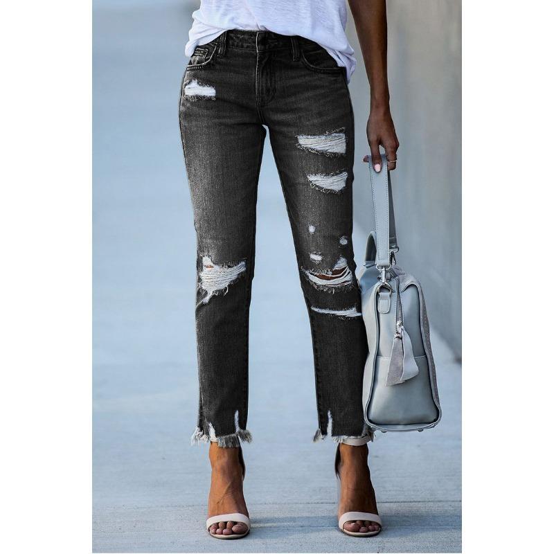New Washed Ripped Fringed Women's Jeans Slim-fitting Elastic Pants