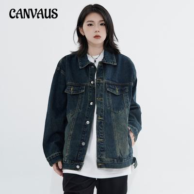 Vintage Washed Denim Jacket Women's Spring Autumn POLO Cardigan Tops Jacket