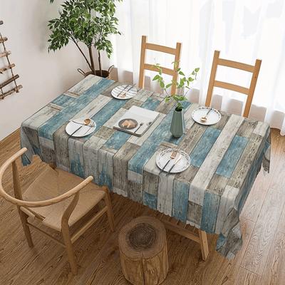 Vintage Wooden Plank Print Tablecloth - Rustic Blue & White Checkered Design, Polyester Fabric, Perfect For Home Kitchen Decor