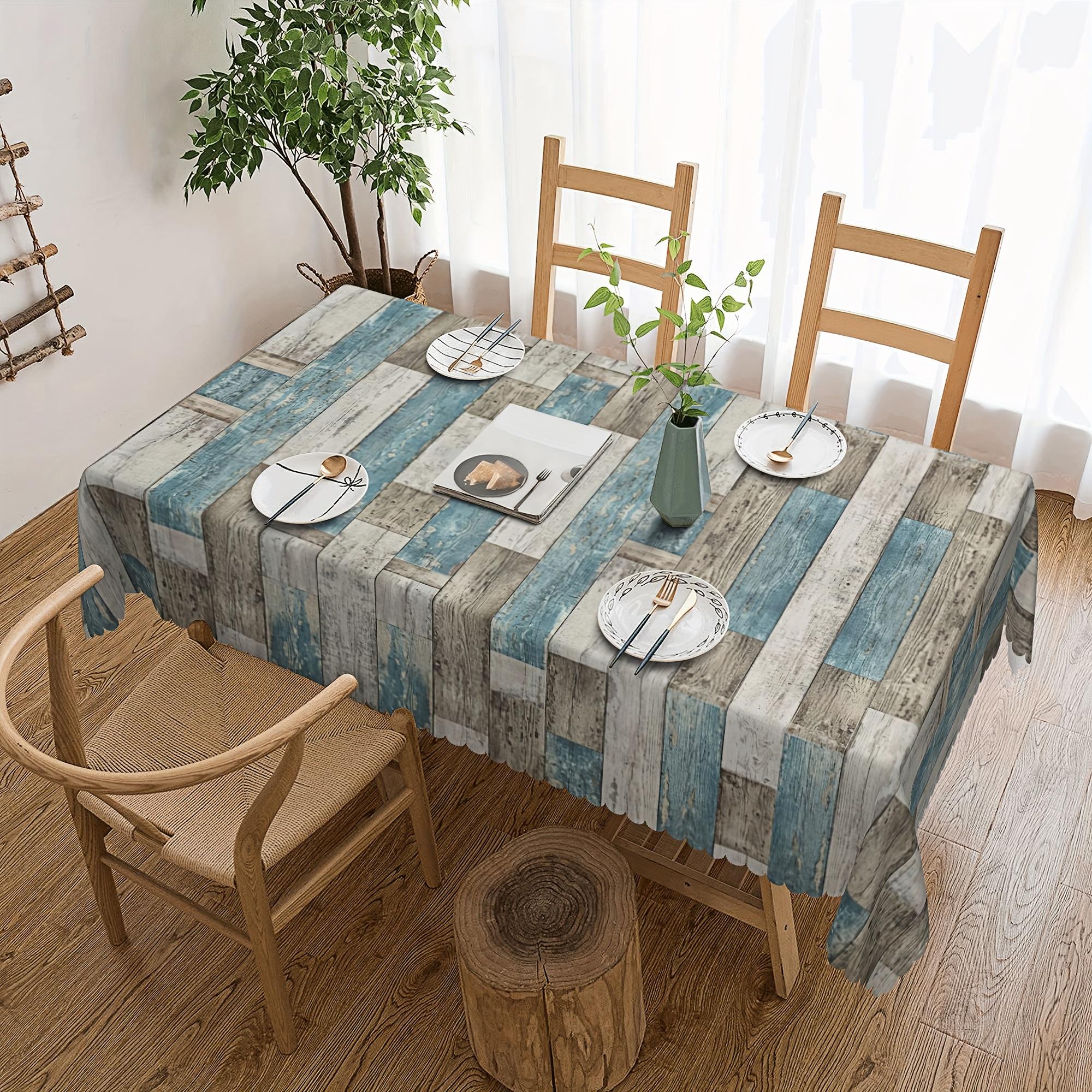 

Vintage Wooden Plank Print Tablecloth - Rustic Blue & White Checkered Design, Polyester Fabric, Perfect For Home Kitchen Decor 100X145CM