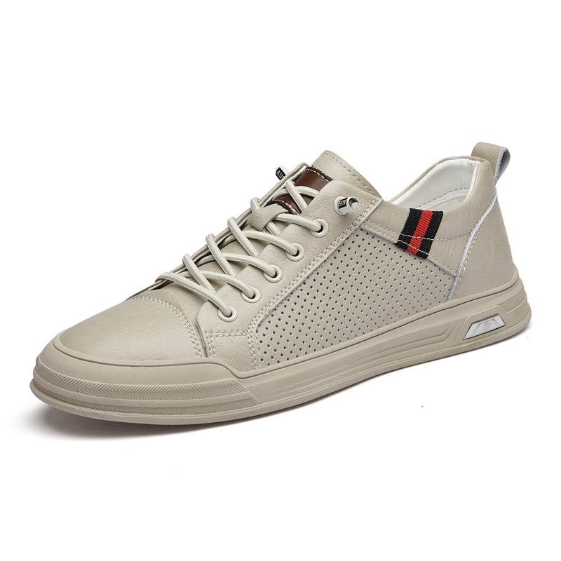 Spring Men's Casual Board Shoes Small Size Lace-up-free Leather Board Shoes Punching Hollow Hole White Shoes