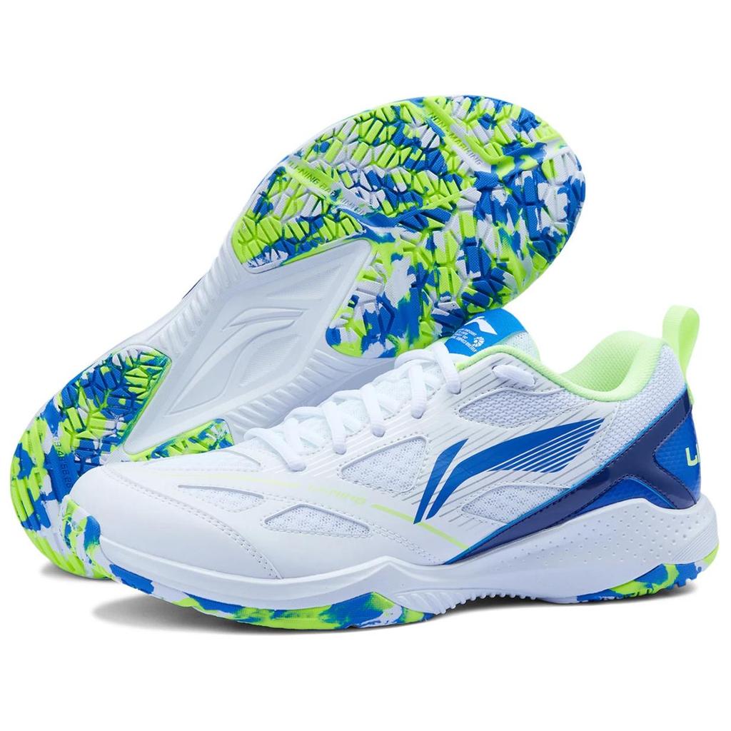 Li Ning Stoff Synthetisches Leder Bequem Vielseitig Rutschfest Abriebfest Atmungsaktiv Low-Top Badmintonschuhe Unisex Sneaker Weiß Blau AYTU025-2