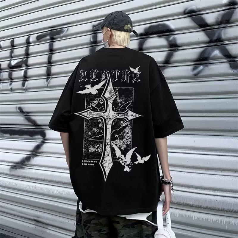 M-8XL Tshirt Summer Men Oversize Loose American Retro Cross Print Short Sleeve Round Neck Versatile Trend Couple Outfit