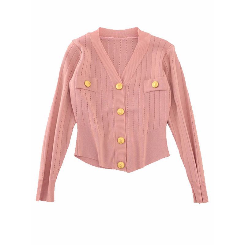 Classic Style V-neck Single Breasted Knitting Cardigan Summer Long-Sleeve Outer Match Short Silm Slim Looking Outer Tops