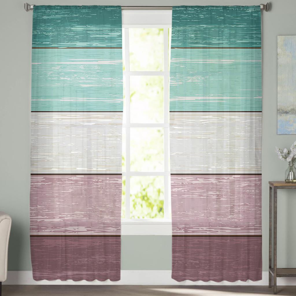 Faux Wood Grain Ocean Green Purple Gradient Voile Sheer Curtains Living Room Window Tulle Curtain Kitchen Bedroom Home Decor