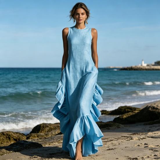 Ärmelloses Damenkleid Raffung Rüschensaum Elegantes Schwingkleid Rundhalsausschnitt Strandkleid für Büro Party Cocktail Strandmode