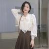 Women's Apricot Tie Bow Lace Top - Stylish Long Sleeve Shirt for Spring and Autumn