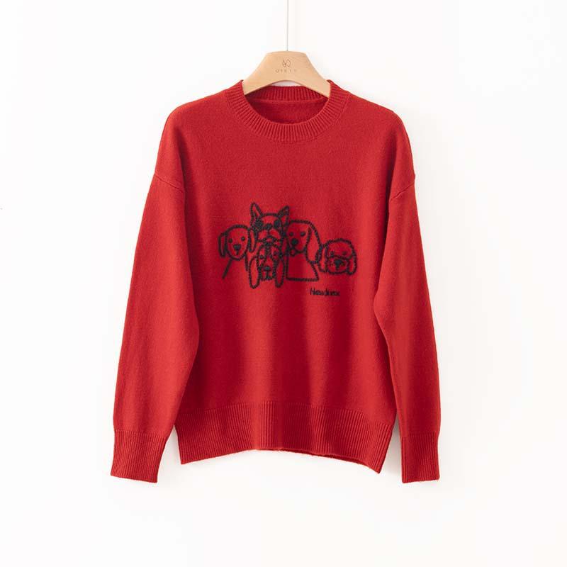 

Heavyweight Embroidery Thickened Crew Neck Wool Inner Knitted Sweater Women s Autumn and Winter Lazy Loose Casual Sweater M красный