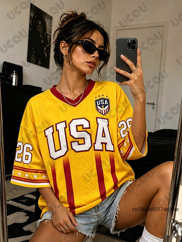 Summer New USA No.26 Print T-shirt For Women V-Neck Short Sleeve Tees Sports Football Jersey Y2K Casual Loose Oversized Tops