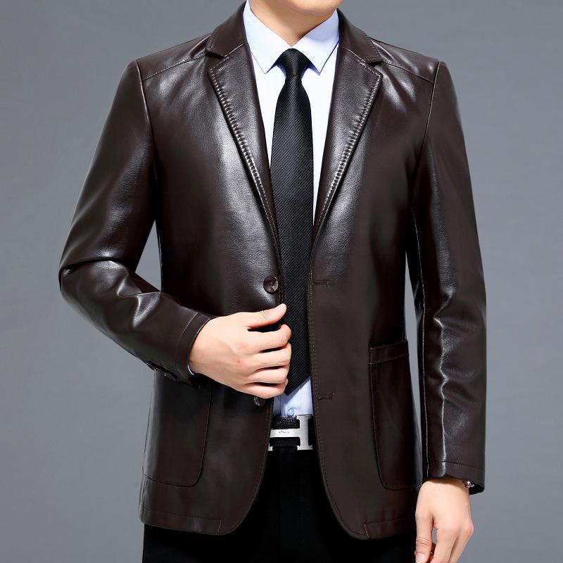 2025 New Men's Slim-Fit Casual Leather Jacket with Suit Collar - Middle-Aged Korean-Style Dad's Coat