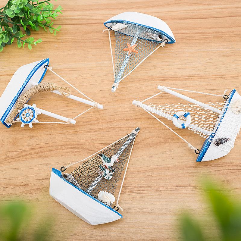 1pc Mini Mediterranean Nautical Wooden Blue Sailing Boat Wood Craft Ornament for Home & Party Decoration
