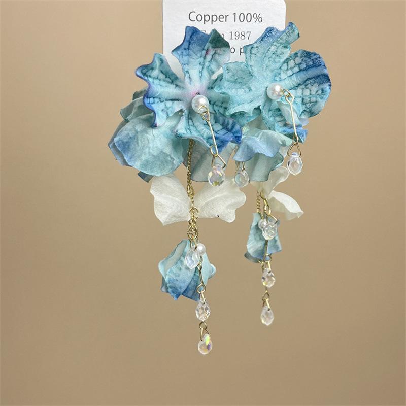 Exaggerated Blue Flower Tassel Earrings for Women Imitation Pearl Crystal Pendant Earrings Hawaii Vacation Jewelry Accessories