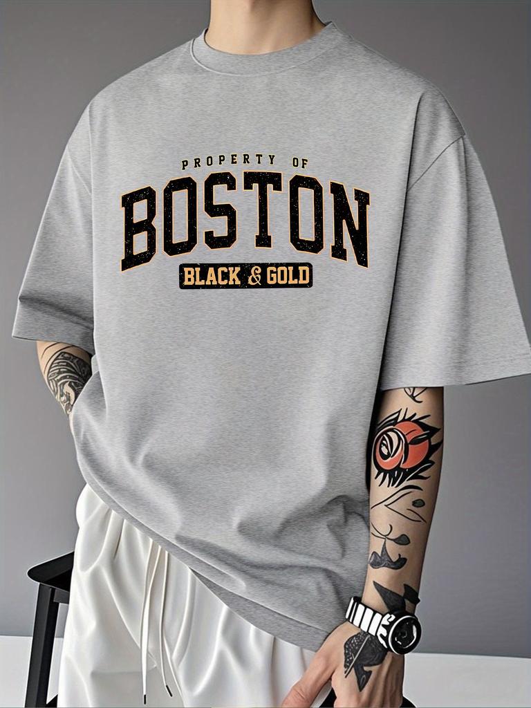 Vintage Boston Black And Gold Graphic Unisexs T Shirt Varsity City Letter Short Sleeve Crew Neck Cotton Tee Street Casual Top