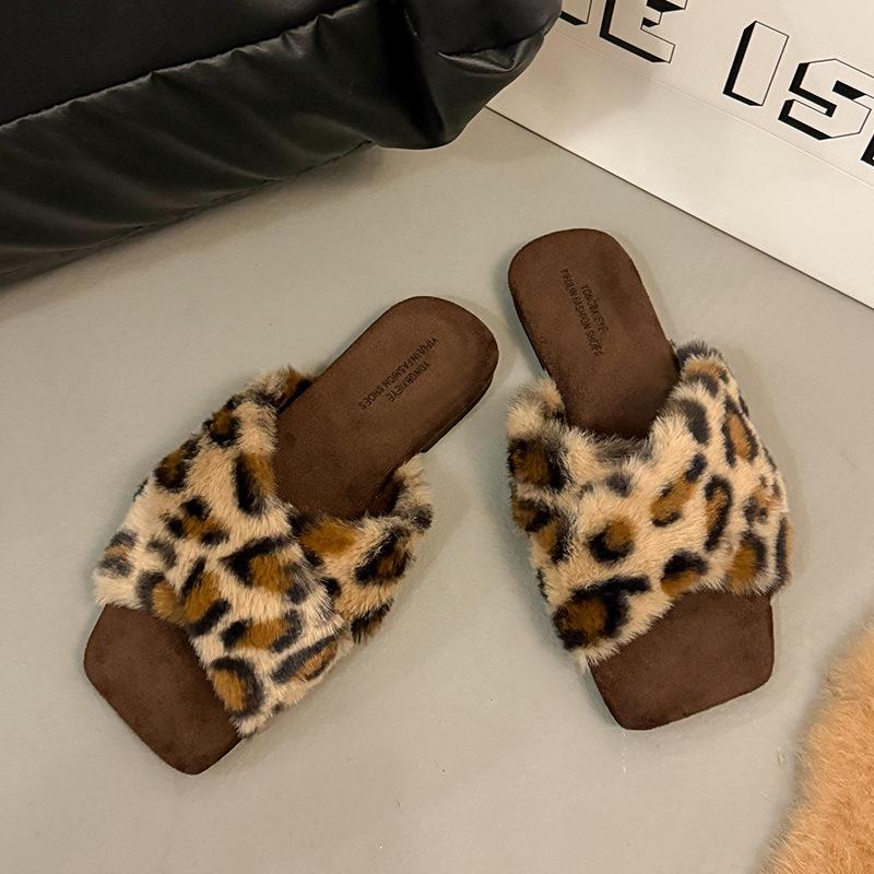 

Интернет-знаменитость Мао Мао обувь носить женскую обувь 2025 осень и зима новая домашняя квадратный носок ретро ниша крест хлопковые тапочки 40 цветной печати леопарда