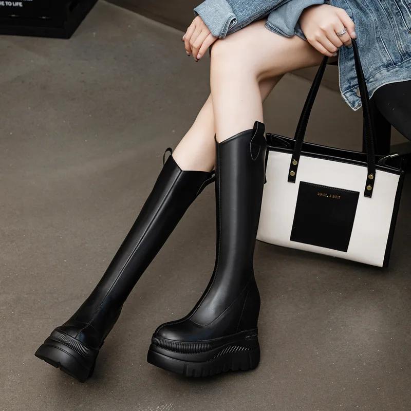 Fashion 12CM Microfiber Leather Platform Wedge Knee High Booties Women Autumn Slip on Spring Chimney Hidden Heels Over The Shoes