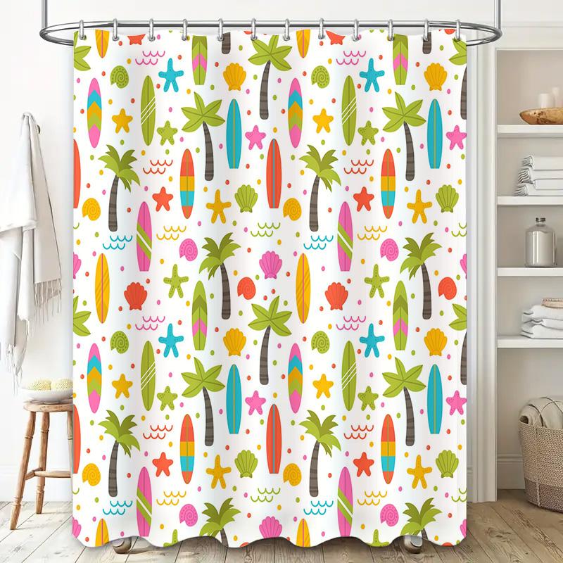 Surfboard, Palm Tree Shell Shower Curtain Beachy Pattern Print Fabric Waterproof Bath Room Decor Shring Showe curtain Set for Li
