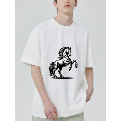 Black T Shirt With White Horse Graphic Print For Casual Wear