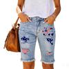 Damen Mid-Rise Straight Leg Jeans-Shorts Used Fünf Zoll Länge Riss am Knie Lässig Sommer Jeans