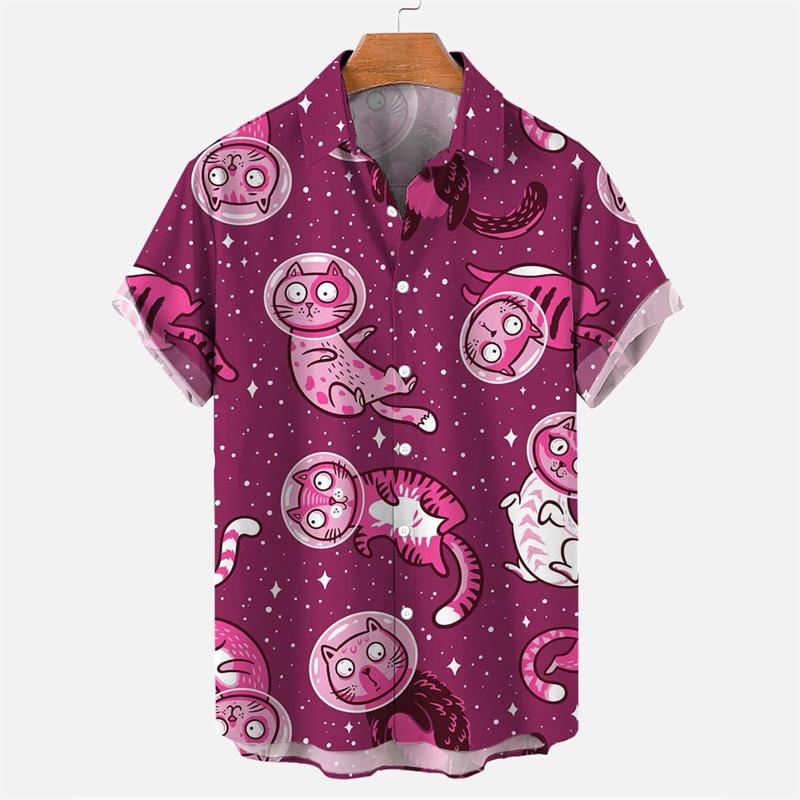 Fashion 3d Printed Cartoon Cat Hawaiian Shirt For Men Summer Vacation Button Down Lapel Shirts Cool Street Short Sleeve Blouse