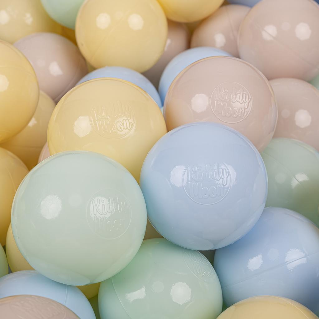 Kiddymoon plastikowe piłeczki 7cm pastelowy beż-pastelowy niebieski-pastelowy żółty-mięta 200 zabawka zestaw kulek