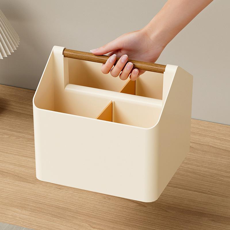 Desktop Storage Box with Wooden Handle Compartmentalized Organizer Portable Desk Caddy for Stationery Cosmetics Office Supplies