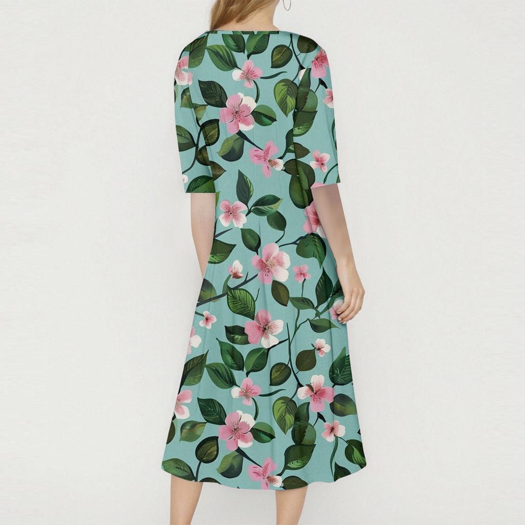 Women's Loose Casual And Fashionable Round Neck Seven Quarter Sleeved Printed Mid Length Dress