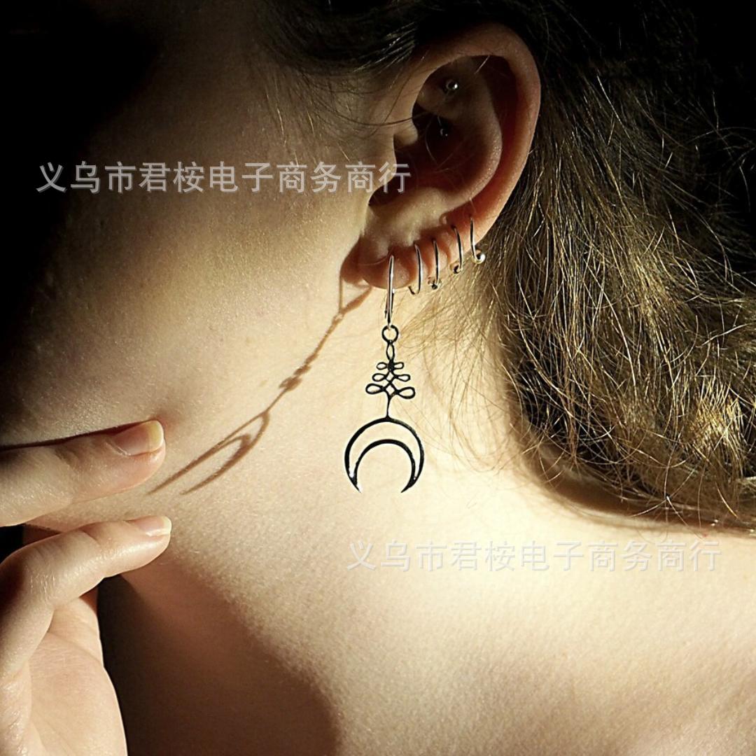 

Retro Gothic Silver Color Geometry Hollowed-out Crescent Moon Symbol Pendant Dangle Earrings for Women Halloween Party Jewelry