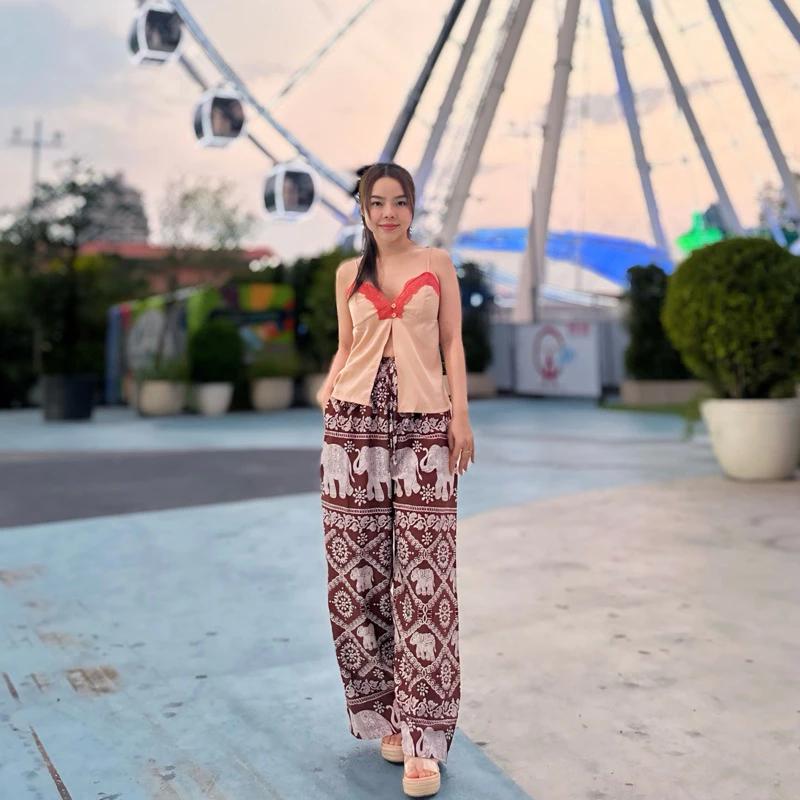 Elephant Pants Women Men Unisex Premium Japanese Silk Print Thailand Casual Streetwear Beach Bohemian Retro Vintage Adjustable Rope Loose Legs