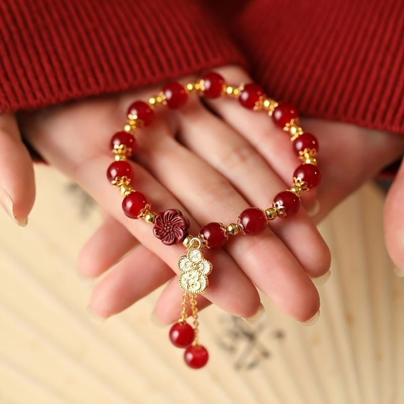 1pc Women's Stackable Red Agate Beaded Bracelet with Lucky Four-Leaf Clover Plum Blossom Pendant, Golden Tassel
