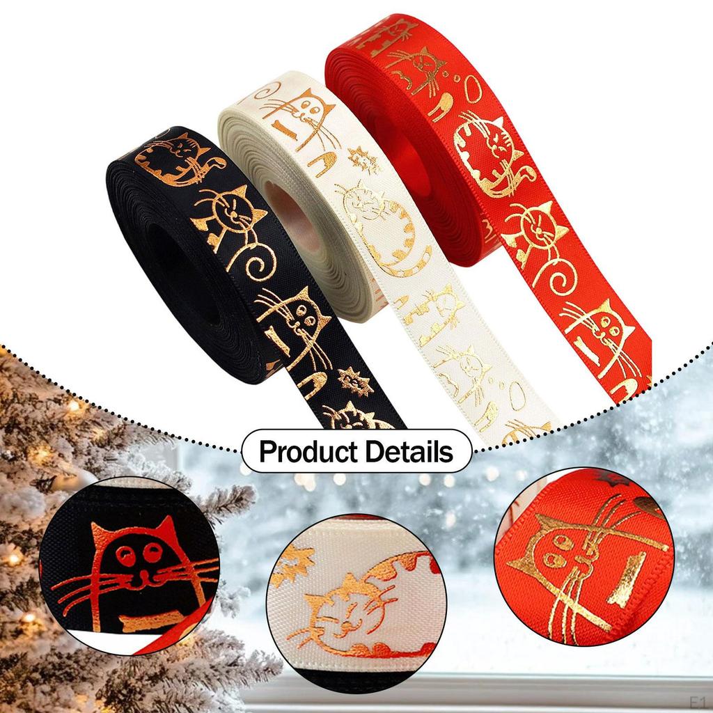 3x Gift Wrapping Ribbons Craft Black, Red and Beige Multipurpose Decorative Cat Printed for