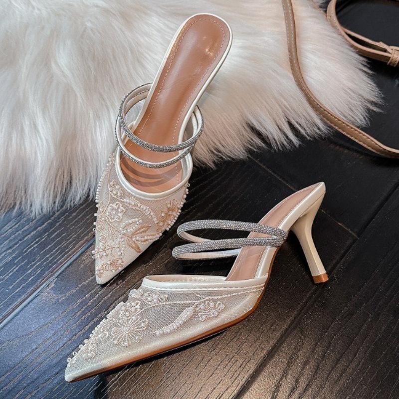 

Модные Роскошные Туфли на Высоком Каблуке с Дизайном из Стразовых Бусин, Женские Модные Туфли-лодочки с Острым Носком, Сетчатые Вышитые Дизайнерские Туфли, Элегантные Свадебные Туфли для Невесты 41 белый