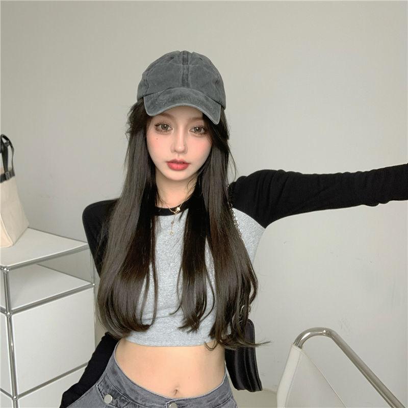 Spice girl navel short embroidery contrasting color splicing T-shirt early autumn shoulder BM style design sense long sleeve tight top women