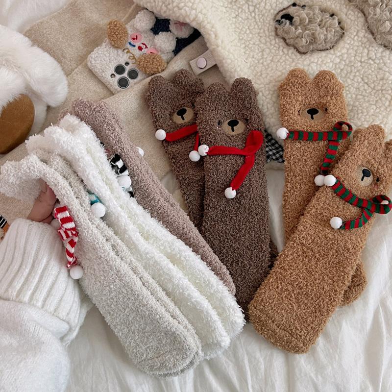 1Pair Sleep Socks Cute Little Bear Cartoon Coral Velvet Socks Soft Polyester Fiber