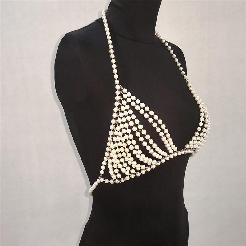 Female Pearl Waist Chain Bra Top for Party Nightclub Sexy Pearl Beaded Body Chain Bralette