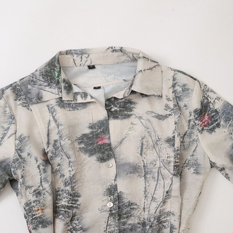 Fashion Style 2024 Spring New Female Long Sleeve Lapel with Belt Printed Shirt Style Dress 2579103