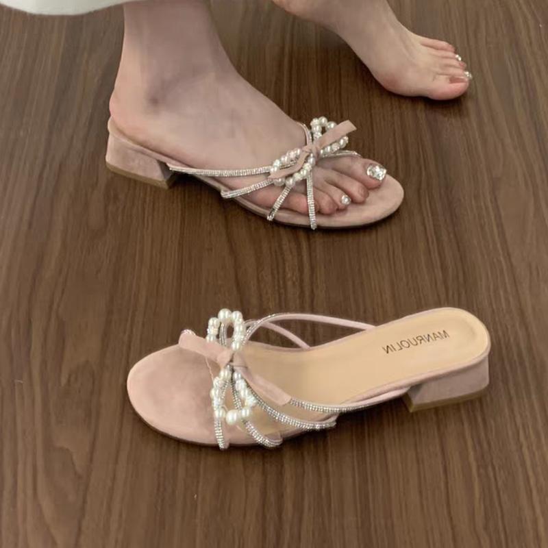

Модные роскошные женские тапочки Модные туфли с жемчужным бантом Элегантные туфли-лодочки Женские сандалии на каблуке 2025 Сексуальные новые шлепанцы Роскошные сандалии для женщин 40 розовый