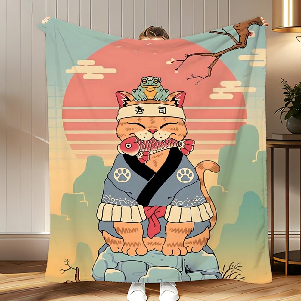 art theme Japanese Style Cat Throw Soft Coral Fleece Blanket 310gsm Fluffy Warm Throw for Sofa Bed Couch Bedroom Decor